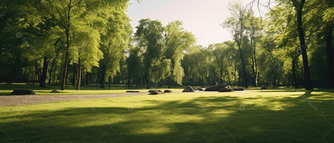 Linda floresta encantada de conto de fadas, cenário mágico de fantasia com grandes árvores e vegetação