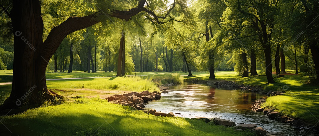 Linda floresta encantada de conto de fadas, cenário mágico de fantasia com grandes árvores e vegetação