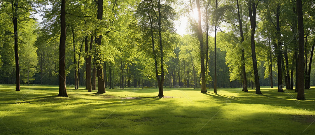 Linda floresta encantada de conto de fadas, cenário mágico de fantasia com grandes árvores e vegetação