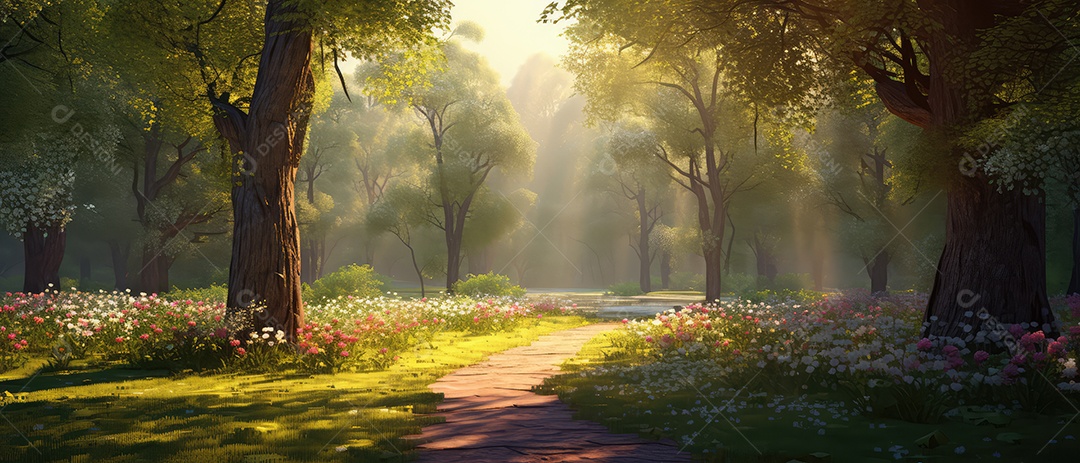 Linda floresta encantada de conto de fadas, cenário mágico de fantasia com grandes árvores e vegetação