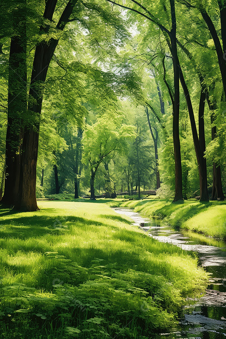 Linda floresta encantada de conto de fadas, cenário mágico de fantasia com grandes árvores e vegetação
