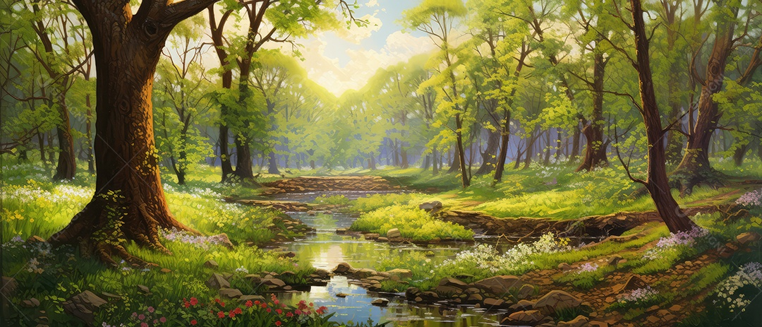 Linda floresta encantada de conto de fadas, cenário mágico de fantasia com grandes árvores e vegetação