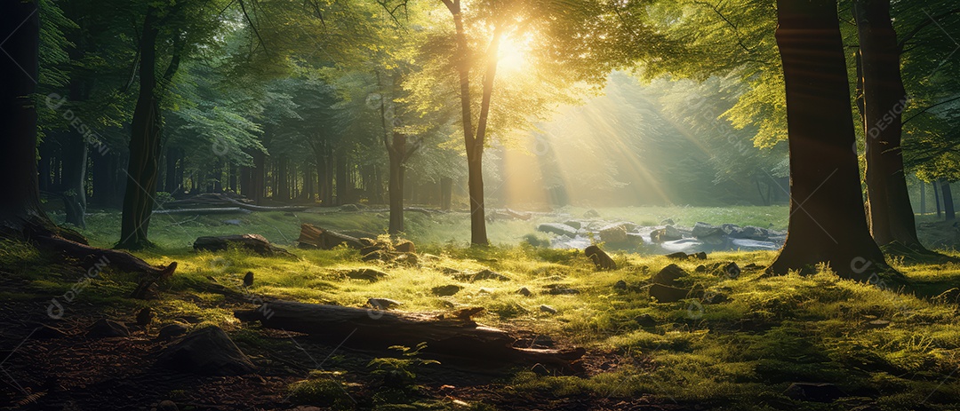 Linda floresta encantada de conto de fadas, cenário mágico de fantasia com grandes árvores e vegetação