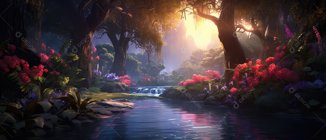 Linda floresta encantada de conto de fadas, cenário mágico de fantasia com grandes árvores e vegetação