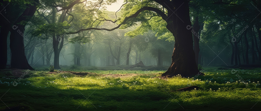 Linda floresta encantada de conto de fadas, cenário mágico de fantasia com grandes árvores e vegetação