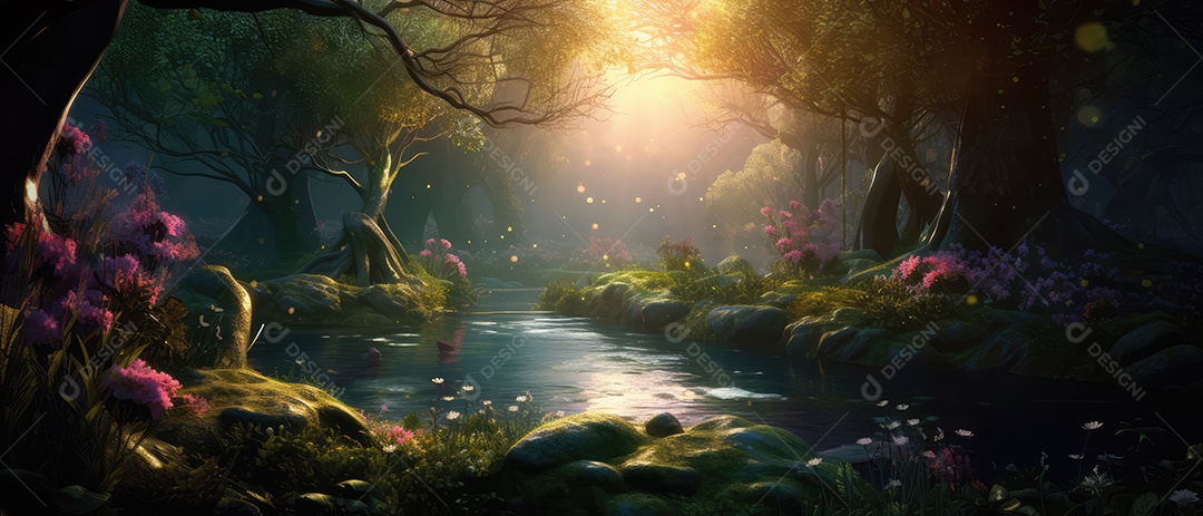 Linda floresta encantada de conto de fadas, cenário mágico de fantasia com grandes árvores e vegetação