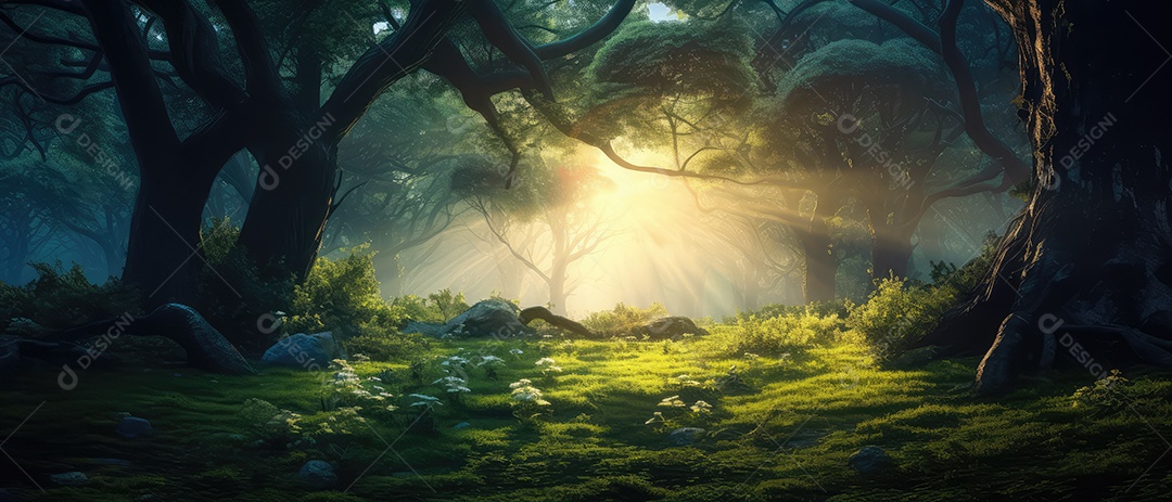 Linda floresta encantada de conto de fadas, cenário mágico de fantasia com grandes árvores e vegetação