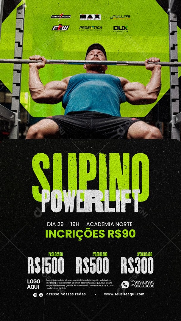 Story Academia Personal Trainer Supino Power Lift Social Media PSD Editável