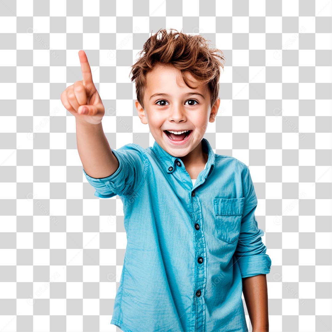 Menino Feliz de Azul Apontando PNG Transparente