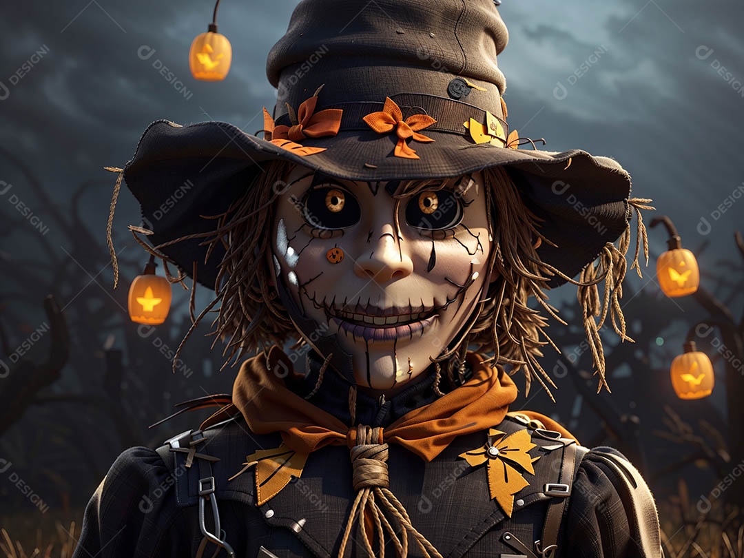 Espantalho de abóbora de Halloween em um campo amplo com a lua em uma noite assustadora