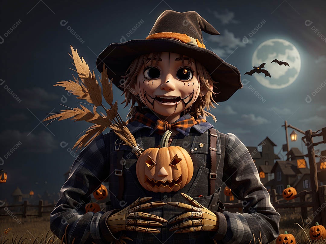 Espantalho de abóbora de Halloween em um campo amplo com a lua em uma noite assustadora