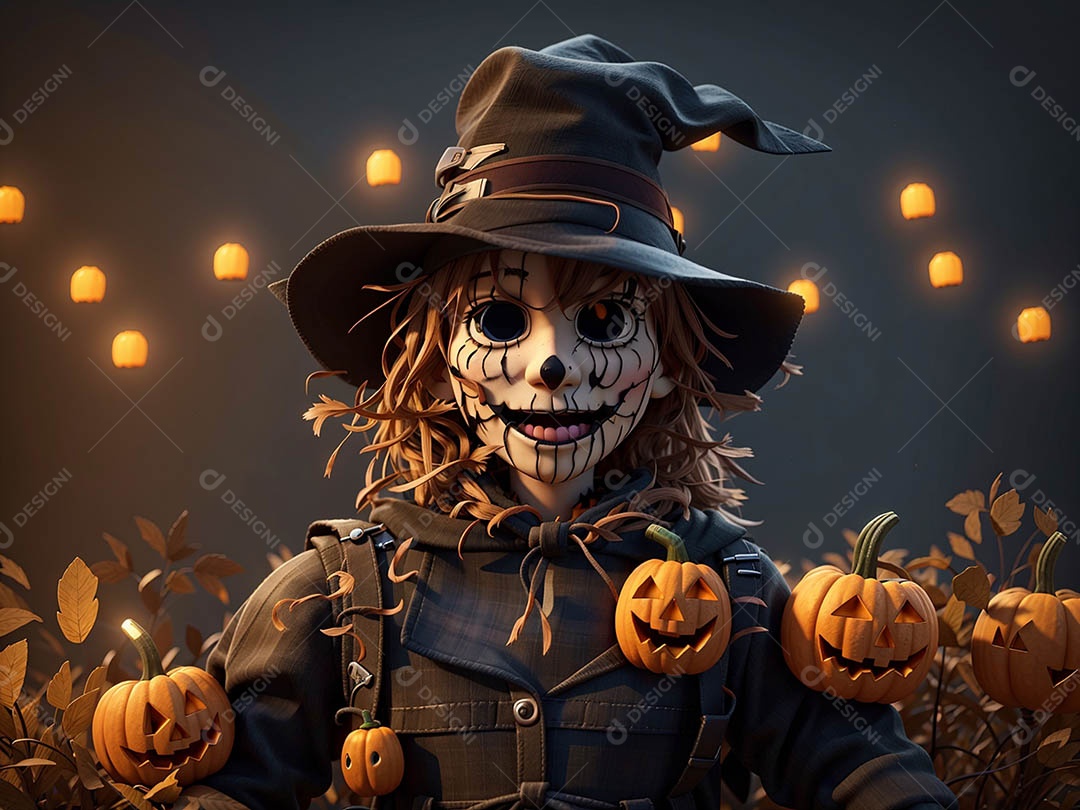 Espantalho de abóbora de Halloween em um campo amplo com a lua em uma noite assustadora