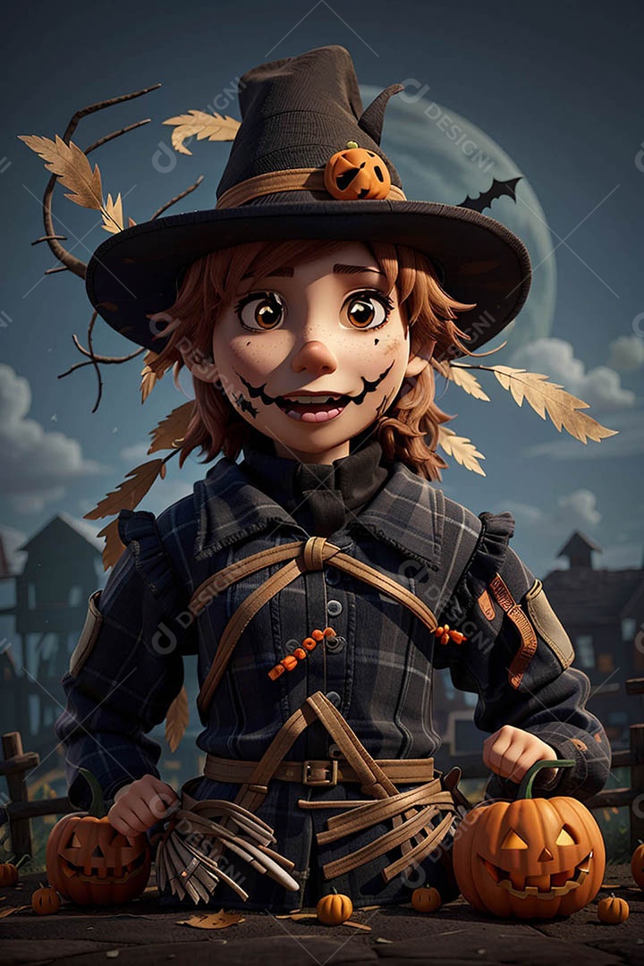 Espantalho de abóbora de Halloween em um campo amplo com a lua em uma noite assustadora