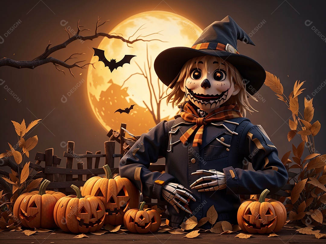 Espantalho de abóbora de Halloween em um campo amplo com a lua em uma noite assustadora