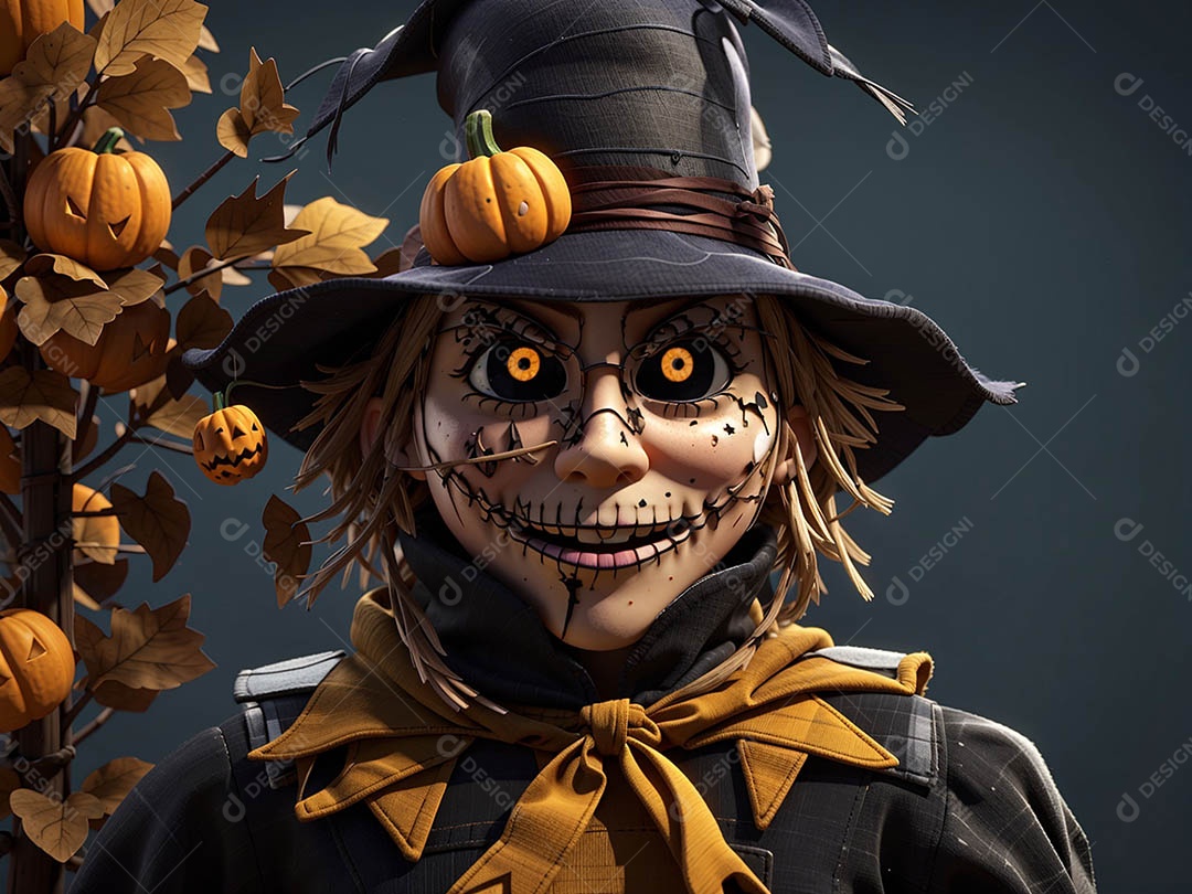 Espantalho de abóbora de Halloween em um campo amplo com a lua em uma noite assustadora