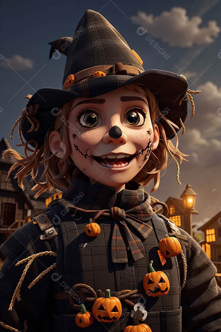 Espantalho de abóbora de Halloween em um campo amplo com a lua em uma noite assustadora