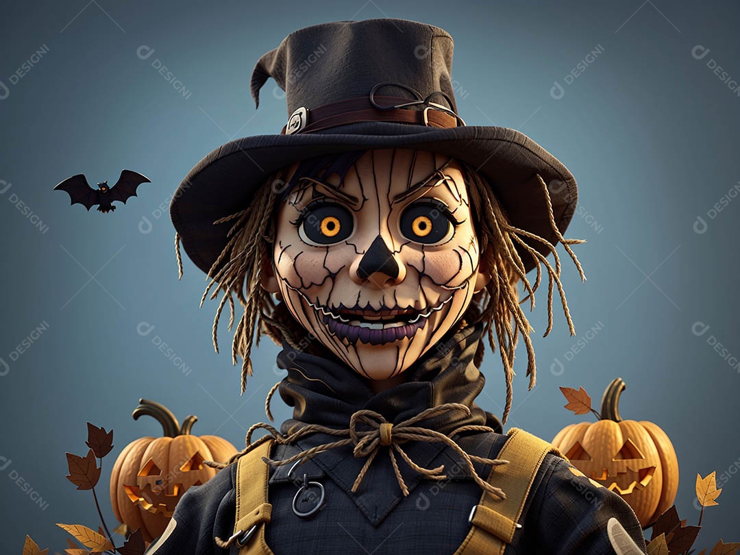 Espantalho de abóbora de Halloween em um campo amplo com a lua em uma noite assustadora