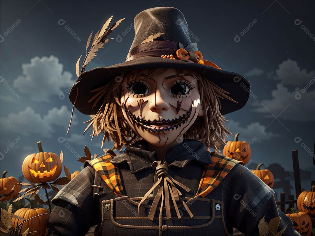 Espantalho de abóbora de Halloween em um campo amplo com a lua em uma noite assustadora