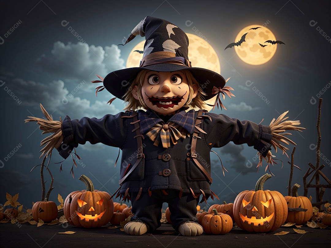 Espantalho de abóbora de Halloween em um campo amplo com a lua em uma noite assustadora