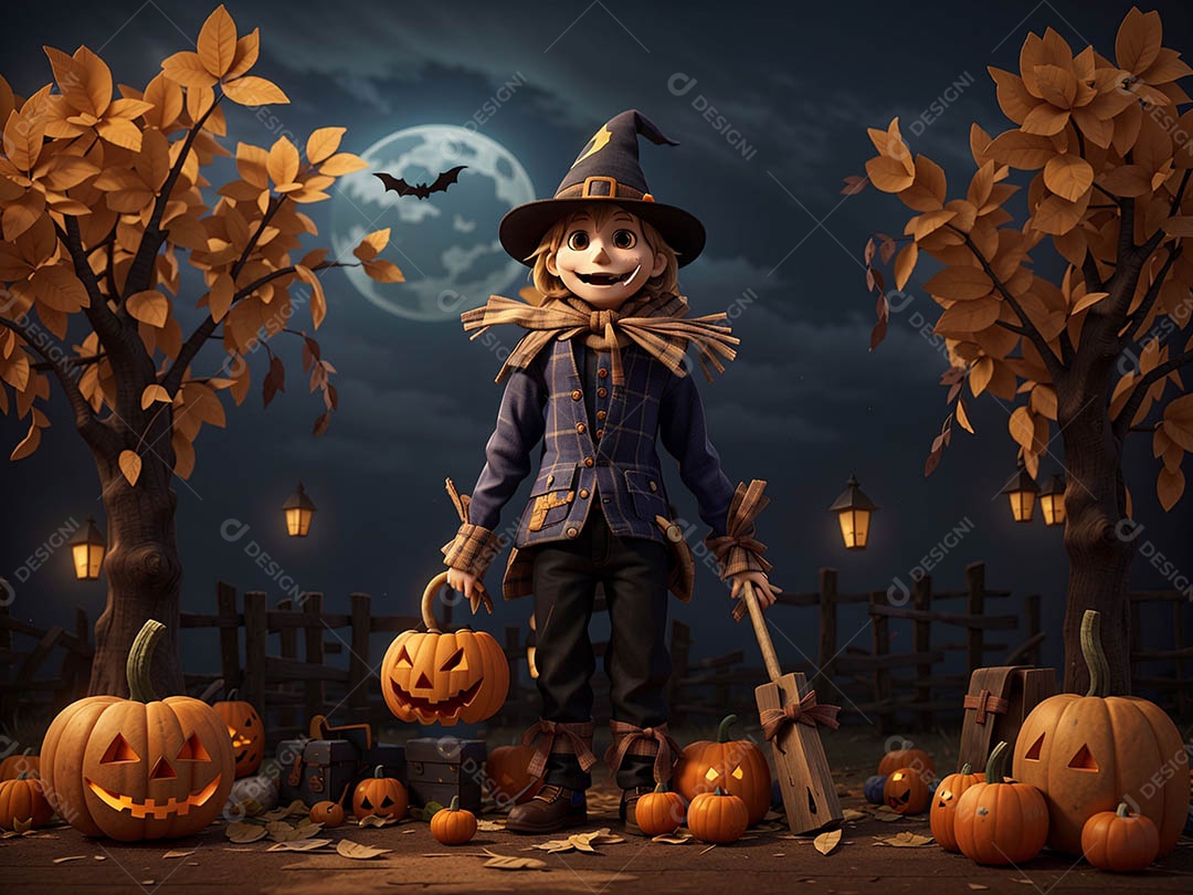 Espantalho de abóbora de Halloween em um campo amplo com a lua em uma noite assustadora