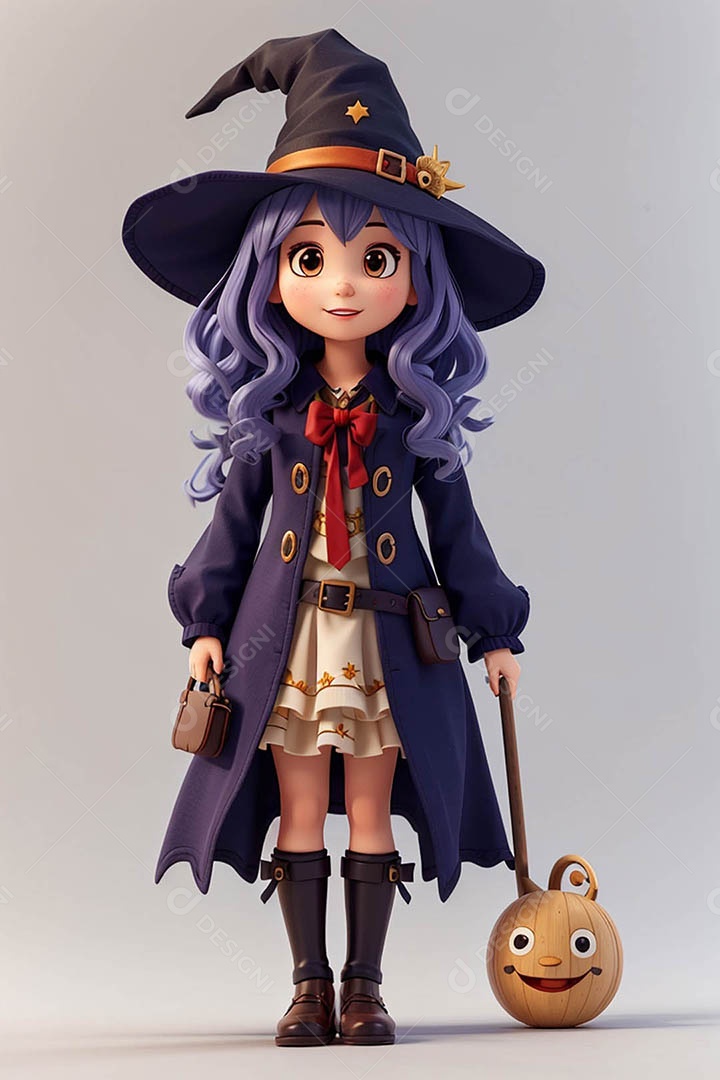 Garota fofa em 3D vestida de bruxa para o Halloween