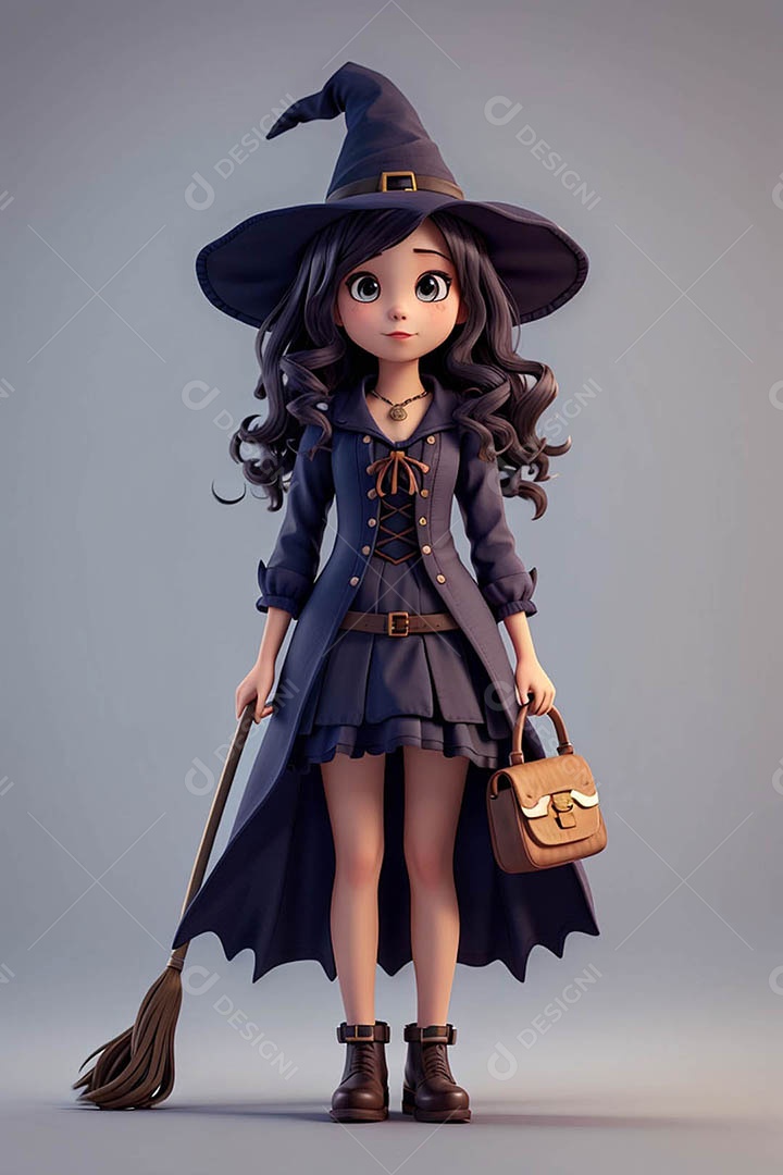 Garota fofa em 3D vestida de bruxa para o Halloween