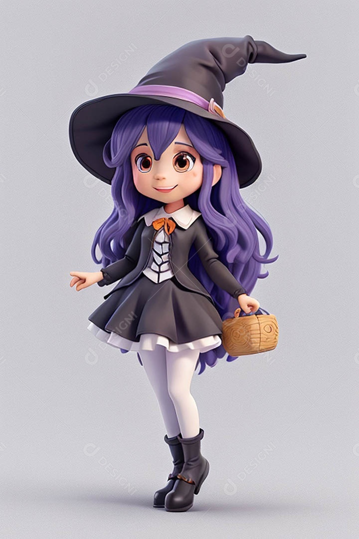 Garota fofa em 3D vestida de bruxa para o Halloween