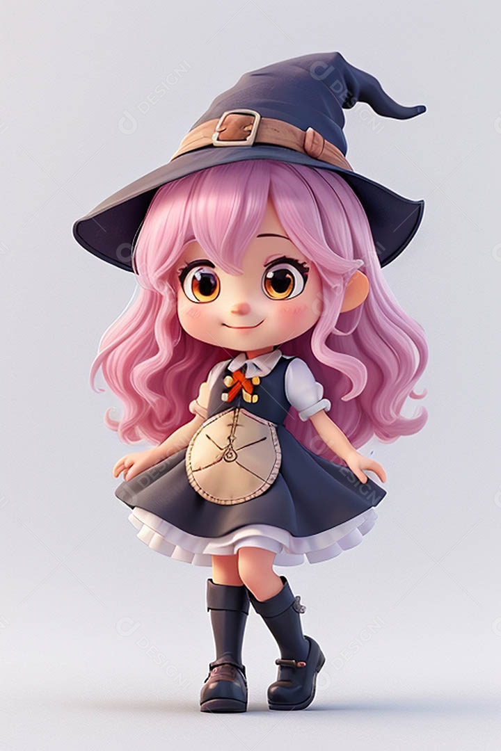 Garota fofa em 3D vestida de bruxa para o Halloween