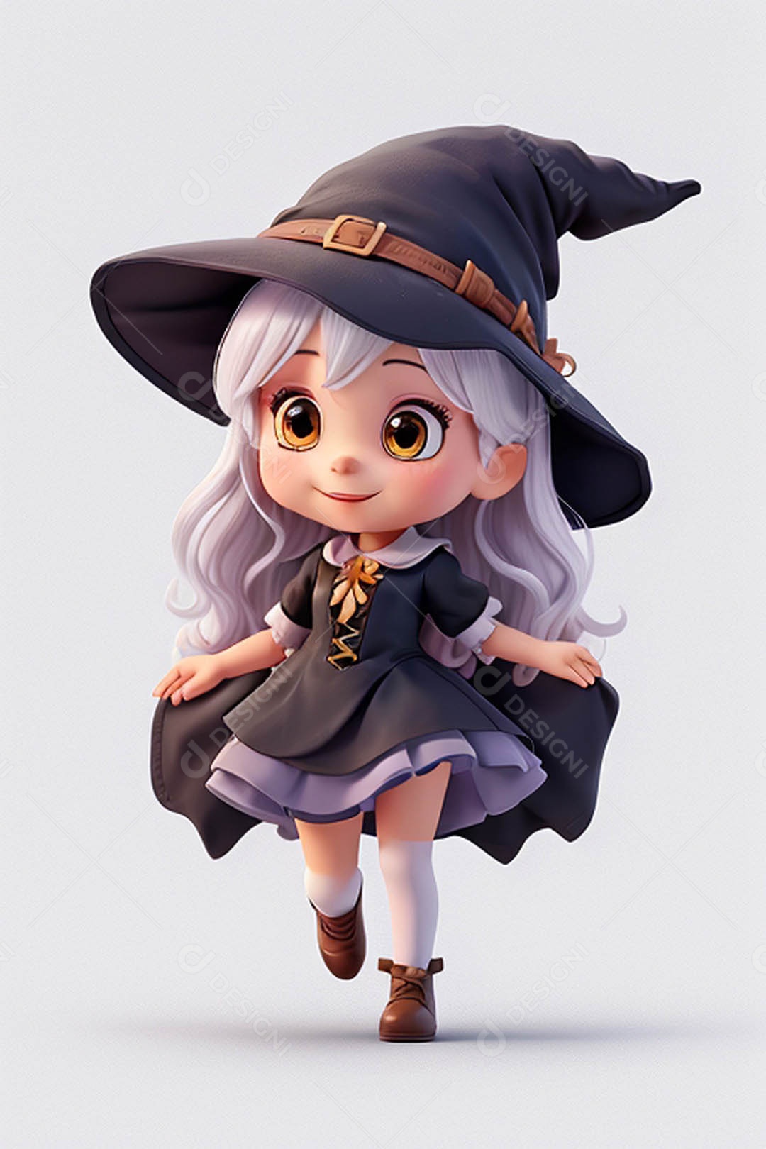 Garota fofa em 3D vestida de bruxa para o Halloween