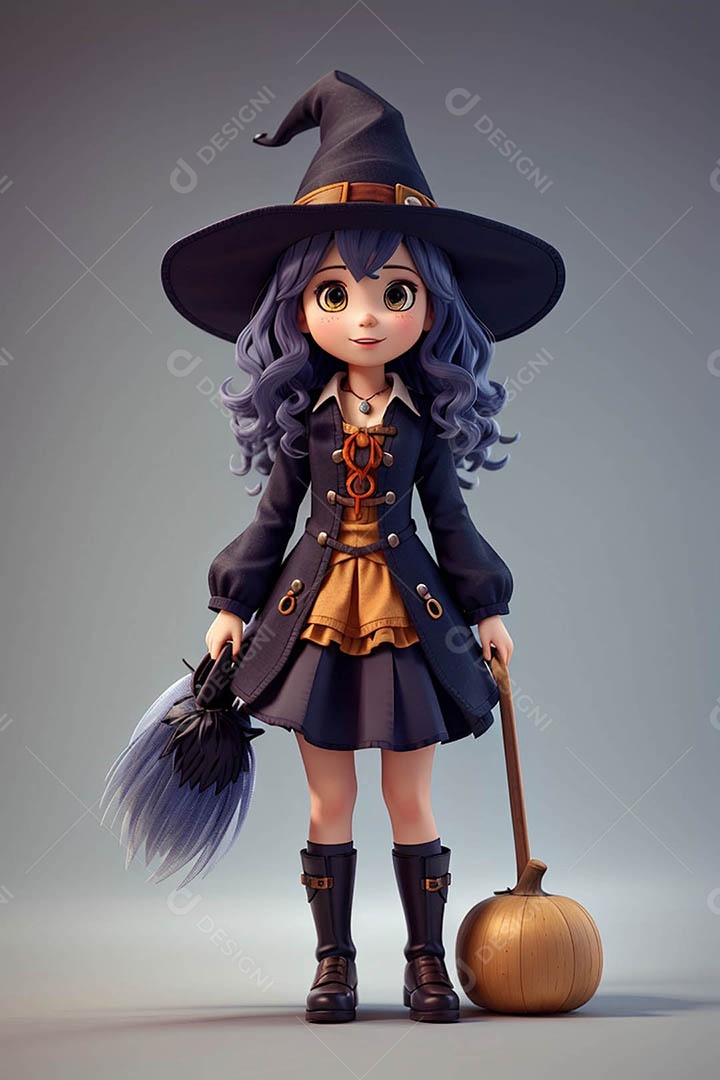 Garota fofa em 3D vestida de bruxa para o Halloween