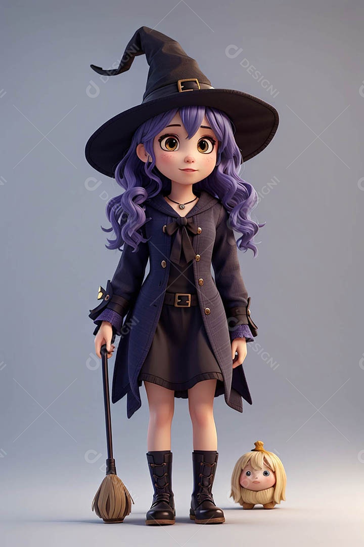 Garota fofa em 3D vestida de bruxa para o Halloween