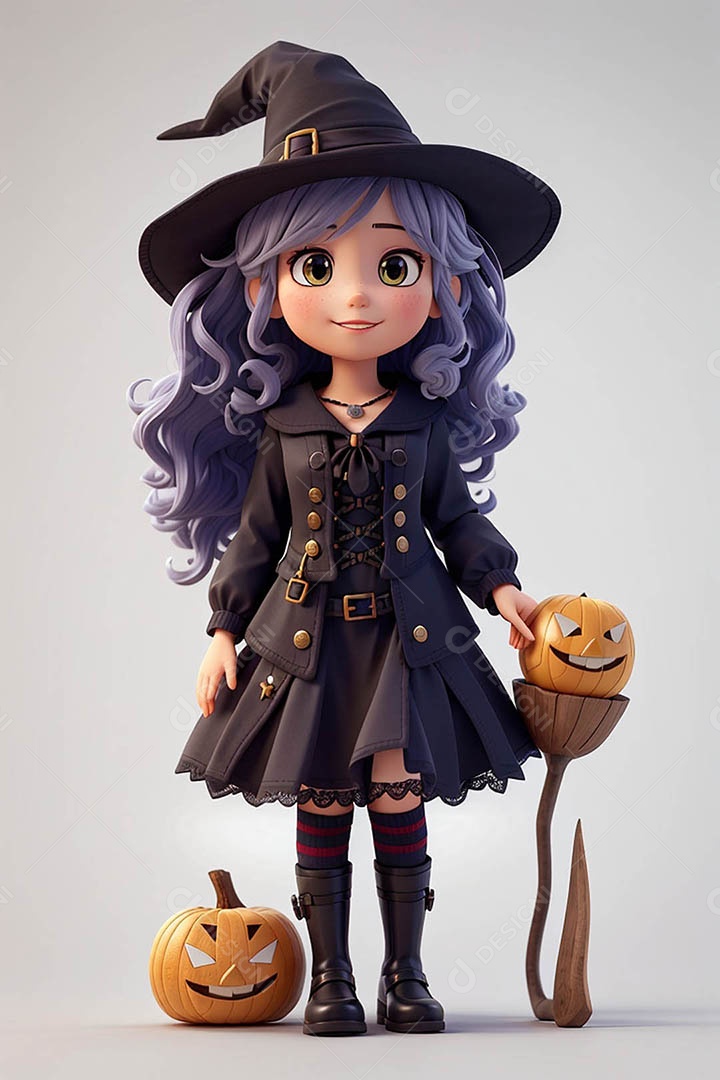 Garota fofa em 3D vestida de bruxa para o Halloween