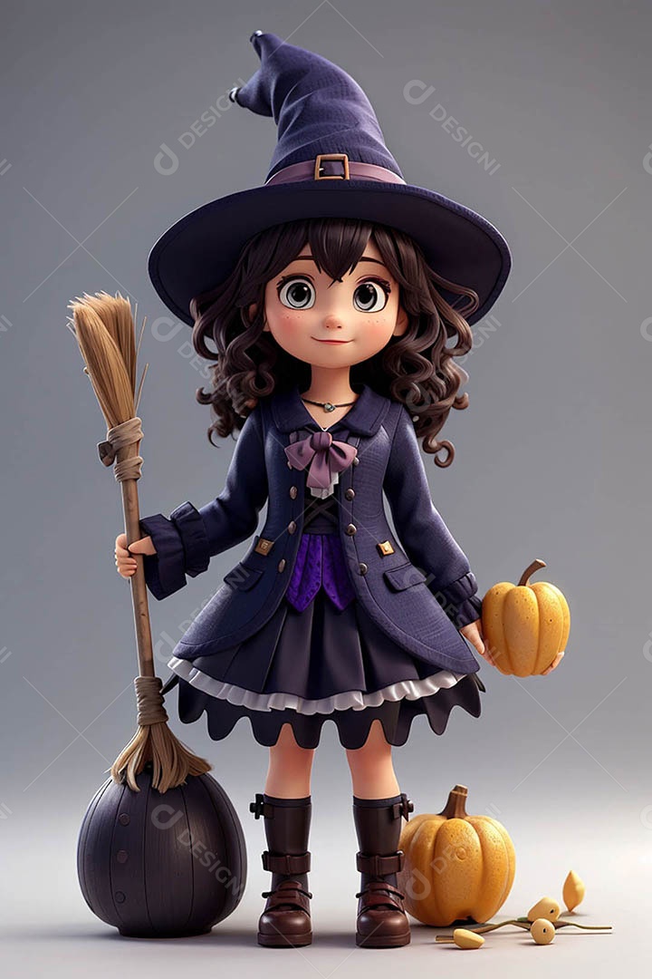 Garota fofa em 3D vestida de bruxa para o Halloween