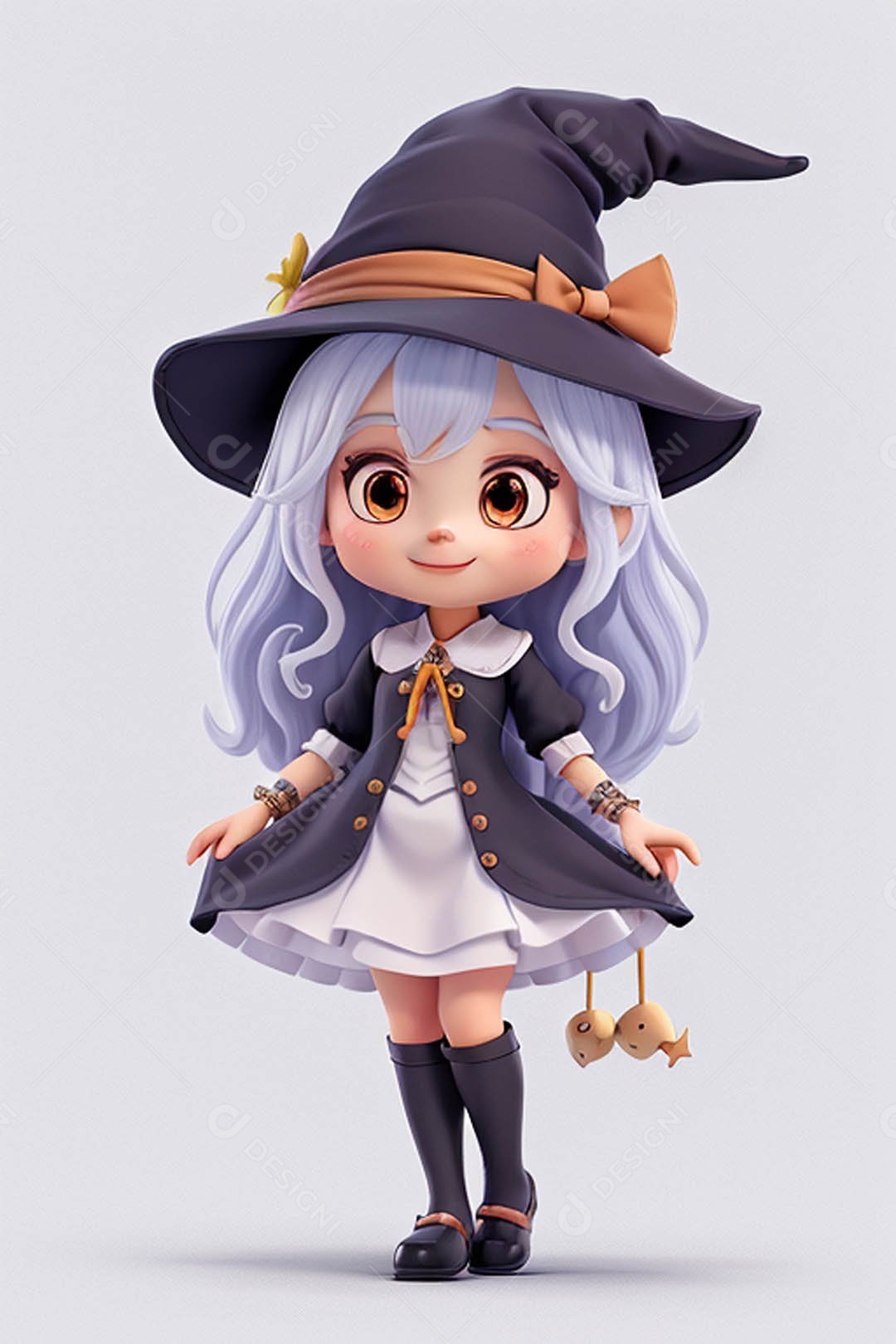 Garota fofa em 3D vestida de bruxa para o Halloween