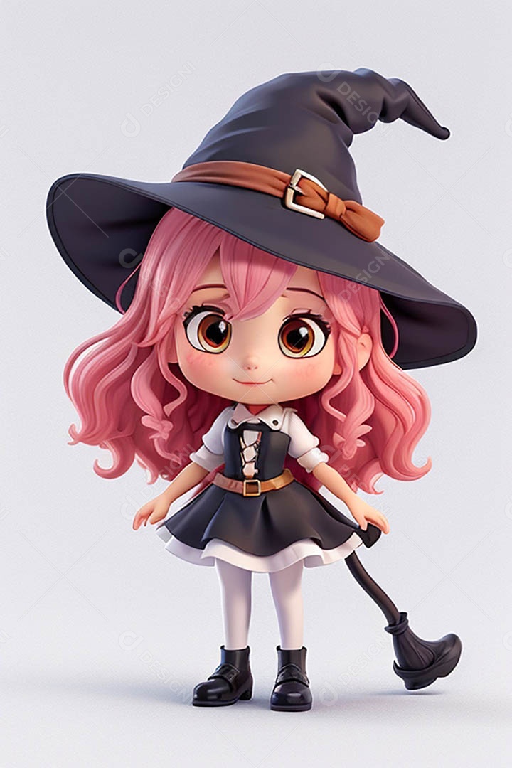 Garota fofa em 3D vestida de bruxa para o Halloween