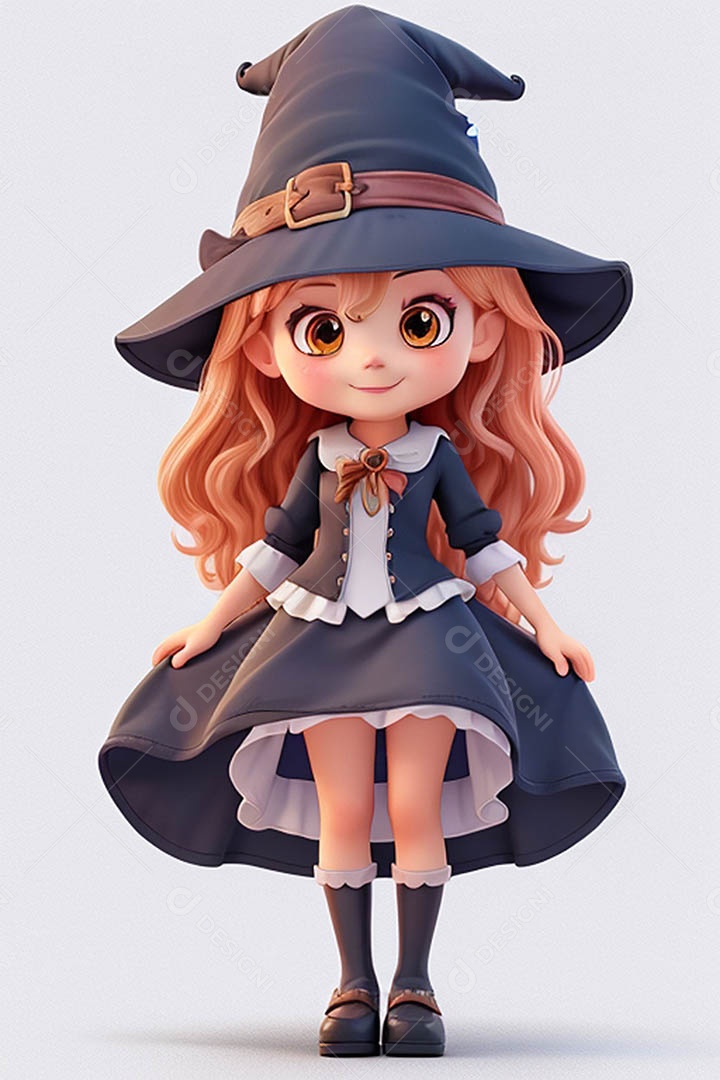 Garota fofa em 3D vestida de bruxa para o Halloween