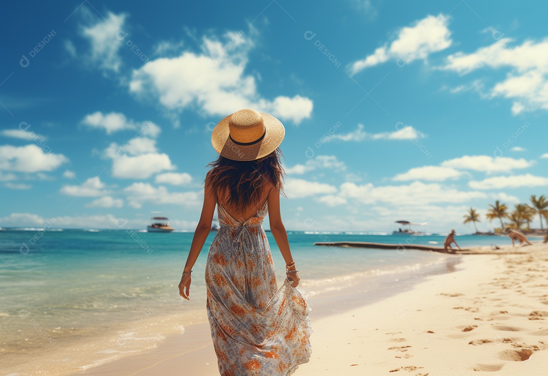 Mulher jovem turista com vestido de verão em pé na bela praia.