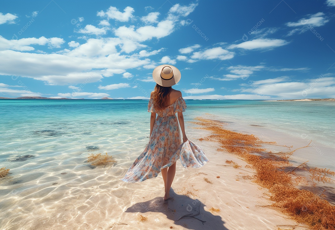 Mulher jovem turista com vestido de verão em pé na bela praia.