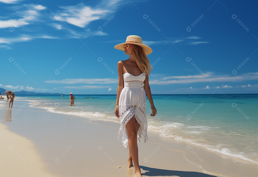 Mulher jovem turista com vestido de verão em pé na bela praia.