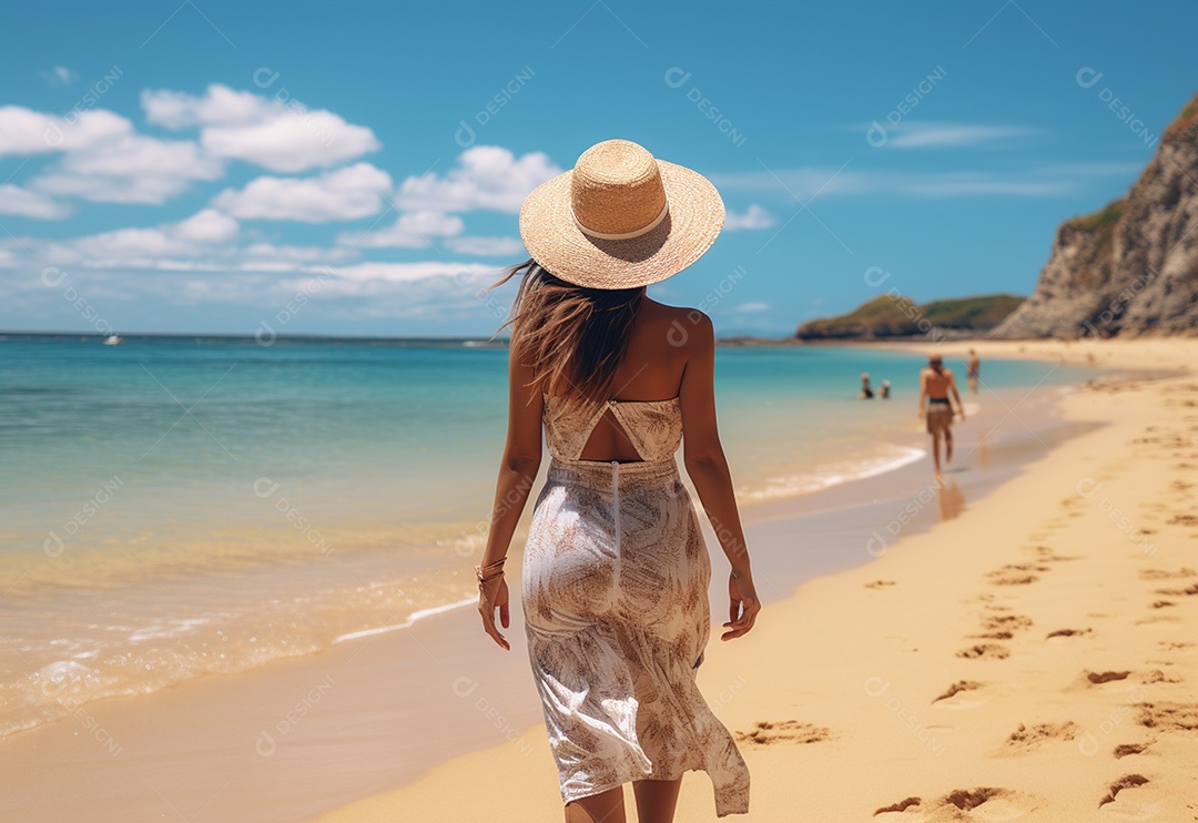 Mulher jovem turista com vestido de verão em pé na bela praia.