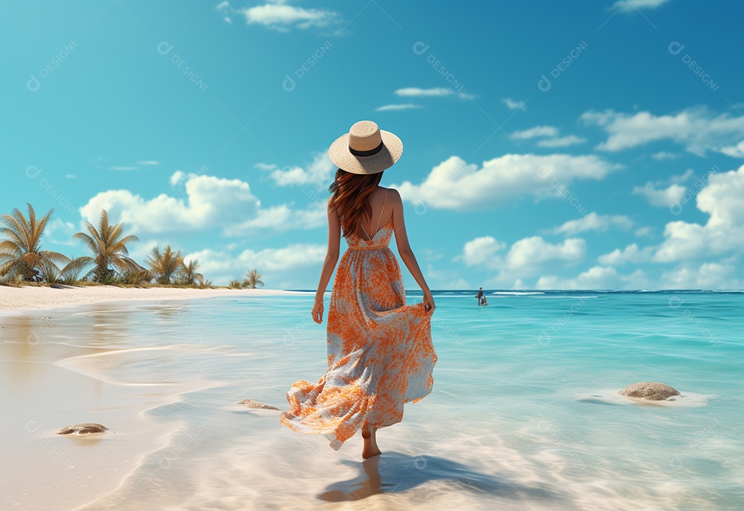 Mulher jovem turista com vestido de verão em pé na bela praia.