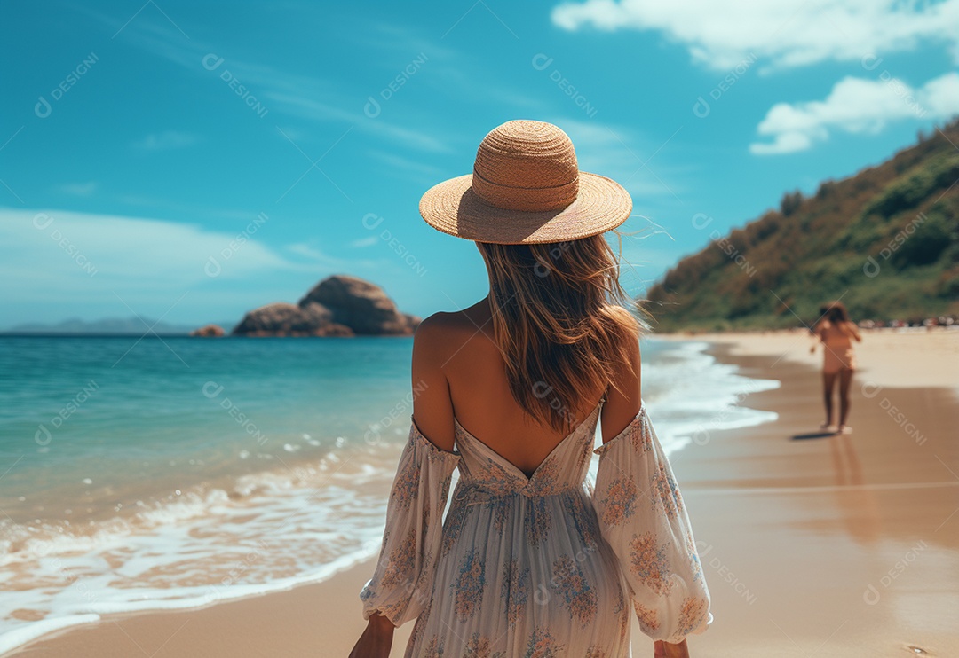 Mulher jovem turista com vestido de verão em pé na bela praia.