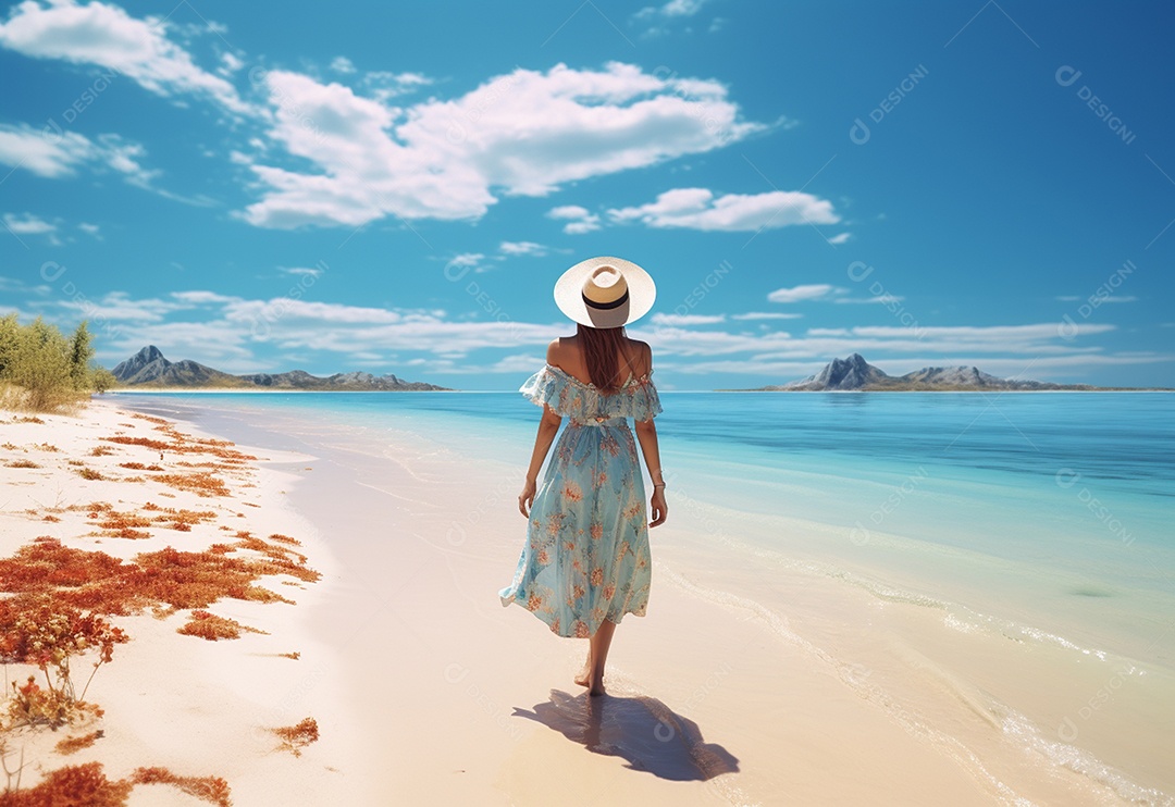 Mulher jovem turista com vestido de verão em pé na bela praia.