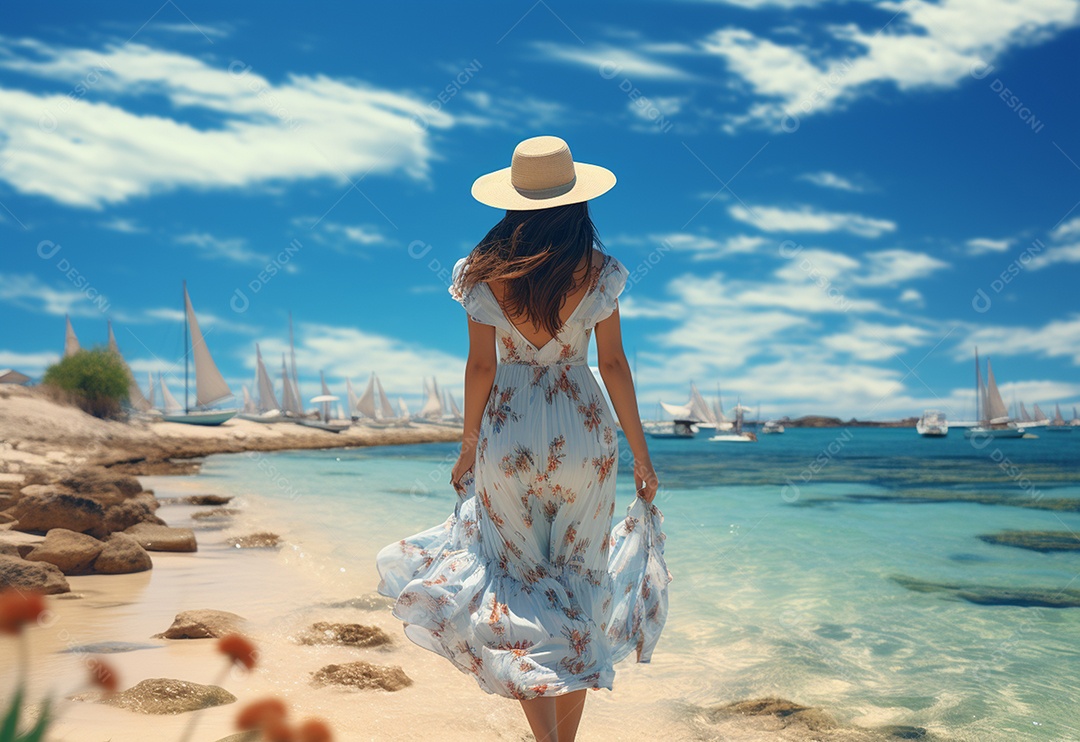 Mulher jovem turista com vestido de verão em pé na bela praia.