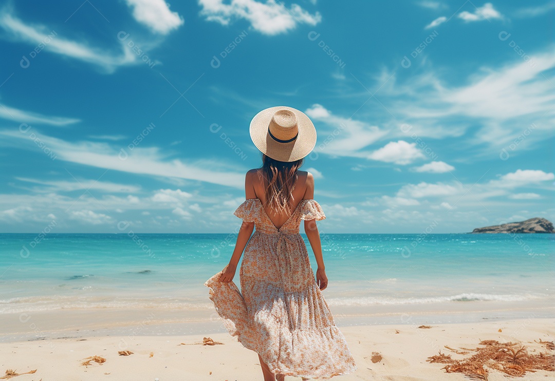 Mulher jovem turista com vestido de verão em pé na bela praia.