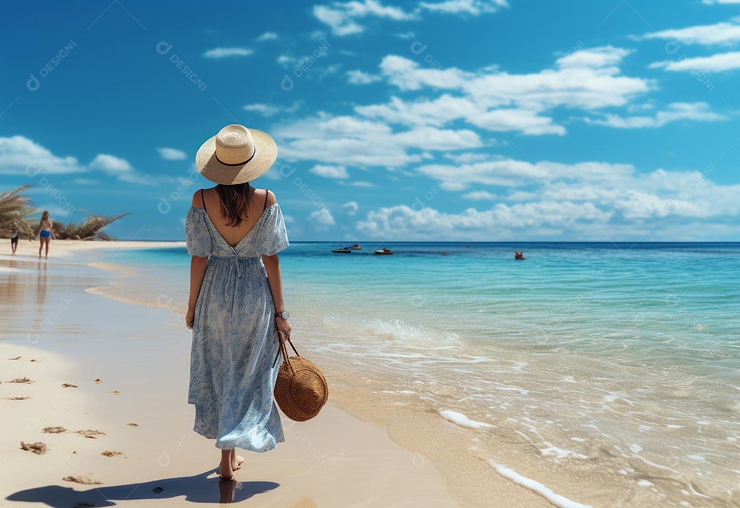 Mulher jovem turista com vestido de verão em pé na bela praia.