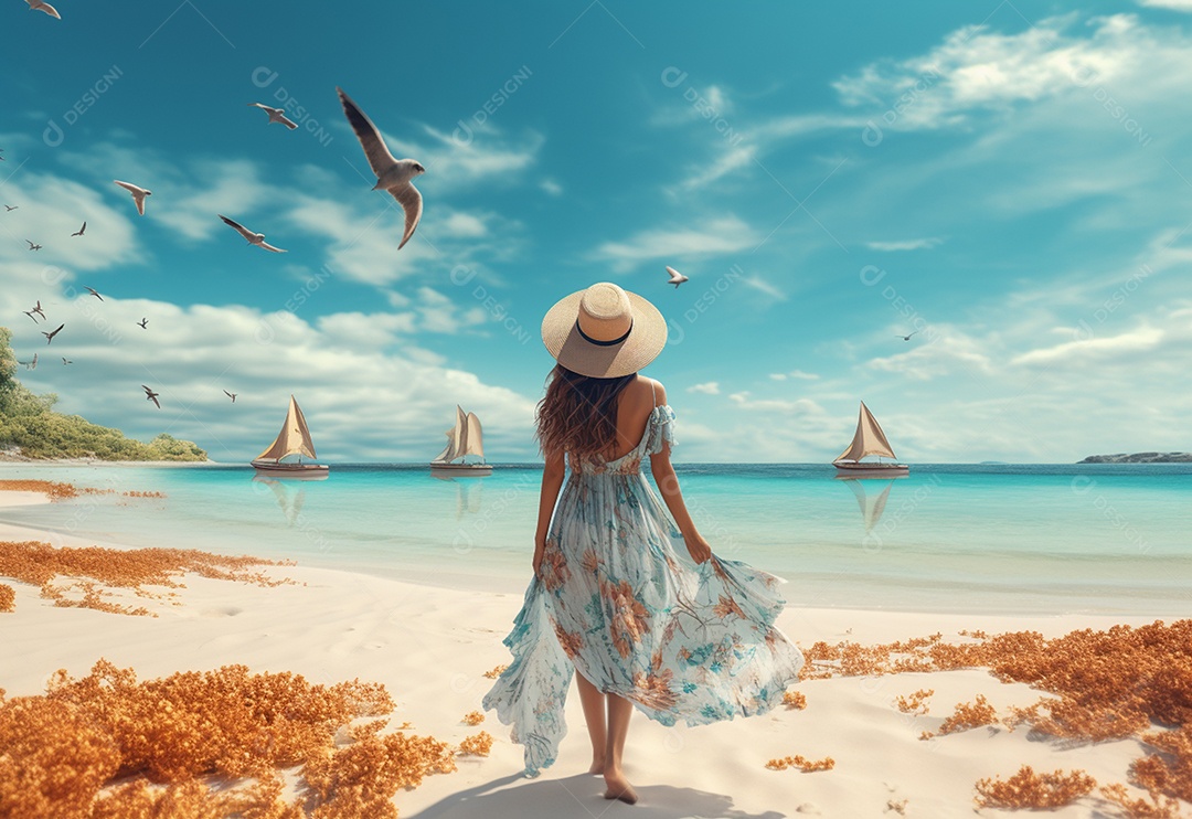 Mulher jovem turista com vestido de verão em pé na bela praia.