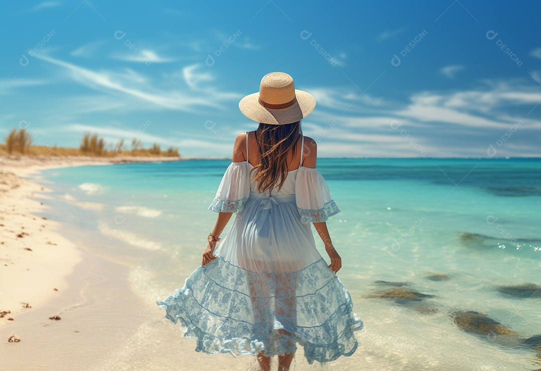 Mulher jovem turista com vestido de verão em pé na bela praia.