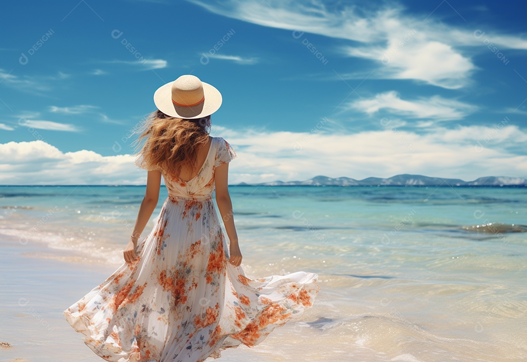 Mulher jovem turista com vestido de verão em pé na bela praia.