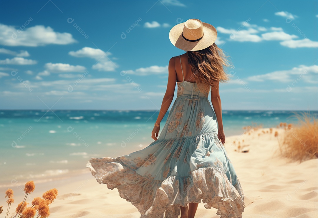 Mulher jovem turista com vestido de verão em pé na bela praia.